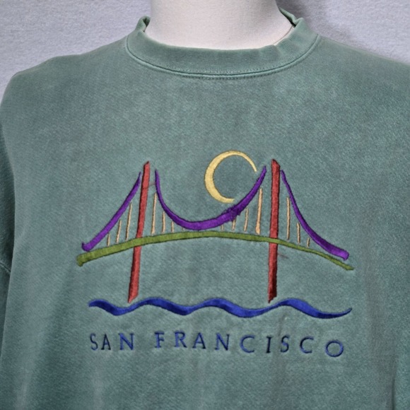 90s Vintage Crazy Shirt San Francisco Sweater Unisex Large Green‎ Retro Graphic - Picture 4 of 13
